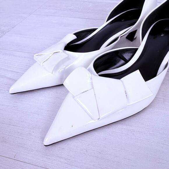 Zara Pointed Toe Patent Leather Pumps Kitten Heels Size 8 White Bow Detail - Picture 9 of 15